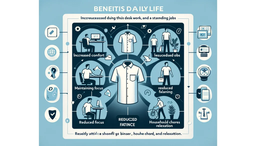 リライブシャツが日常生活に与えるメリットを示す画像。快適さ向上、デスクワーク、立ち仕事、集中力維持、疲労軽減、日常生活、家事、リラックスを強調。
